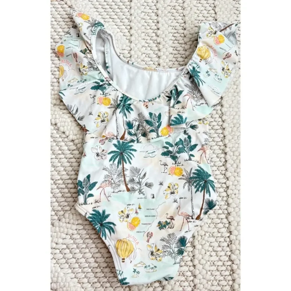 NWOT Toddler Girl Janie and Jack Beach Print Ruffle One Piece Swimsuit Size 3